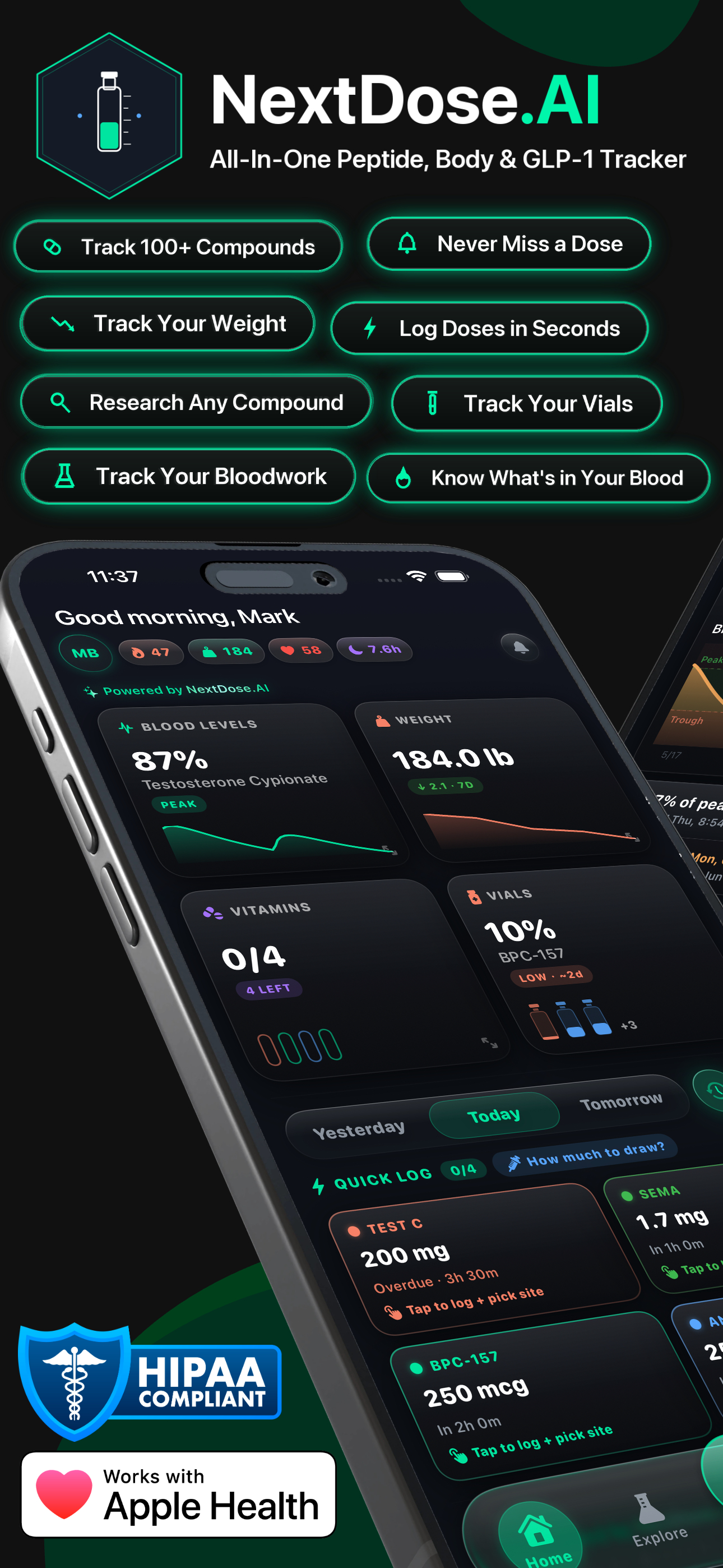 NextDose.AI — all-in-one peptide, body and GLP-1 tracker home screen