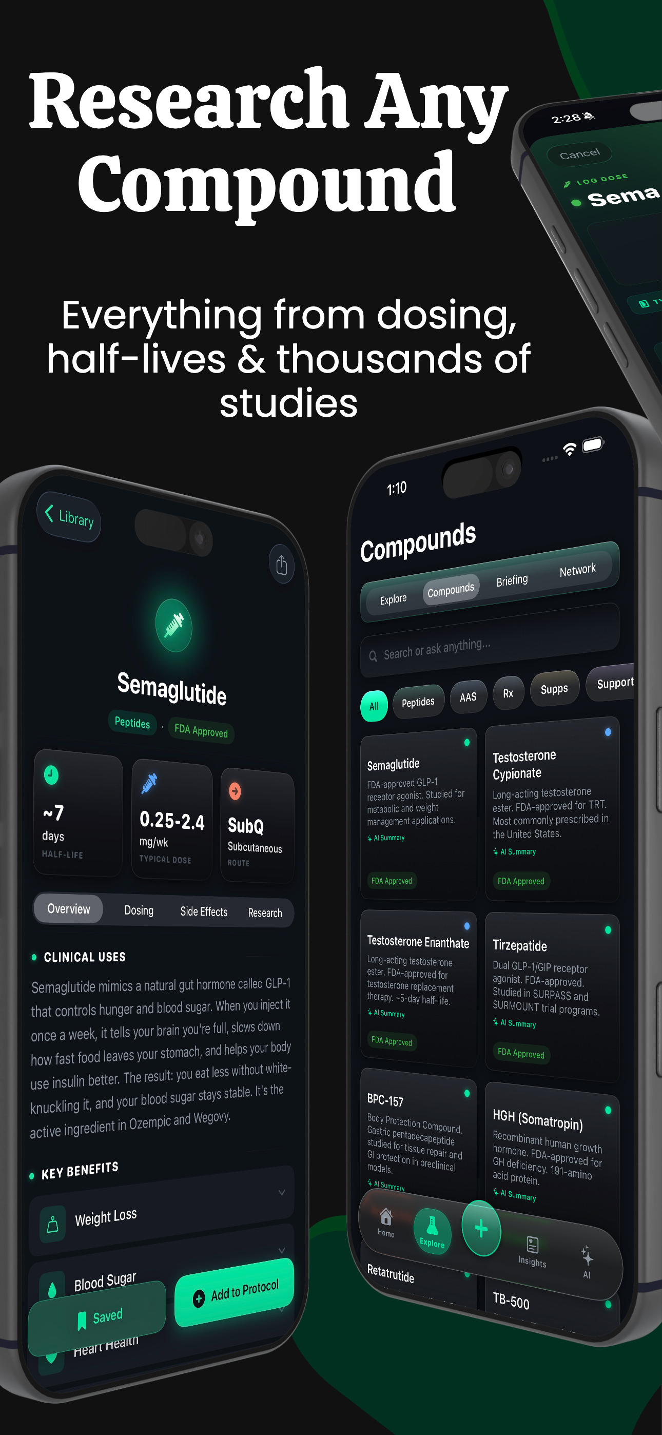 Research any compound — peer-reviewed profiles