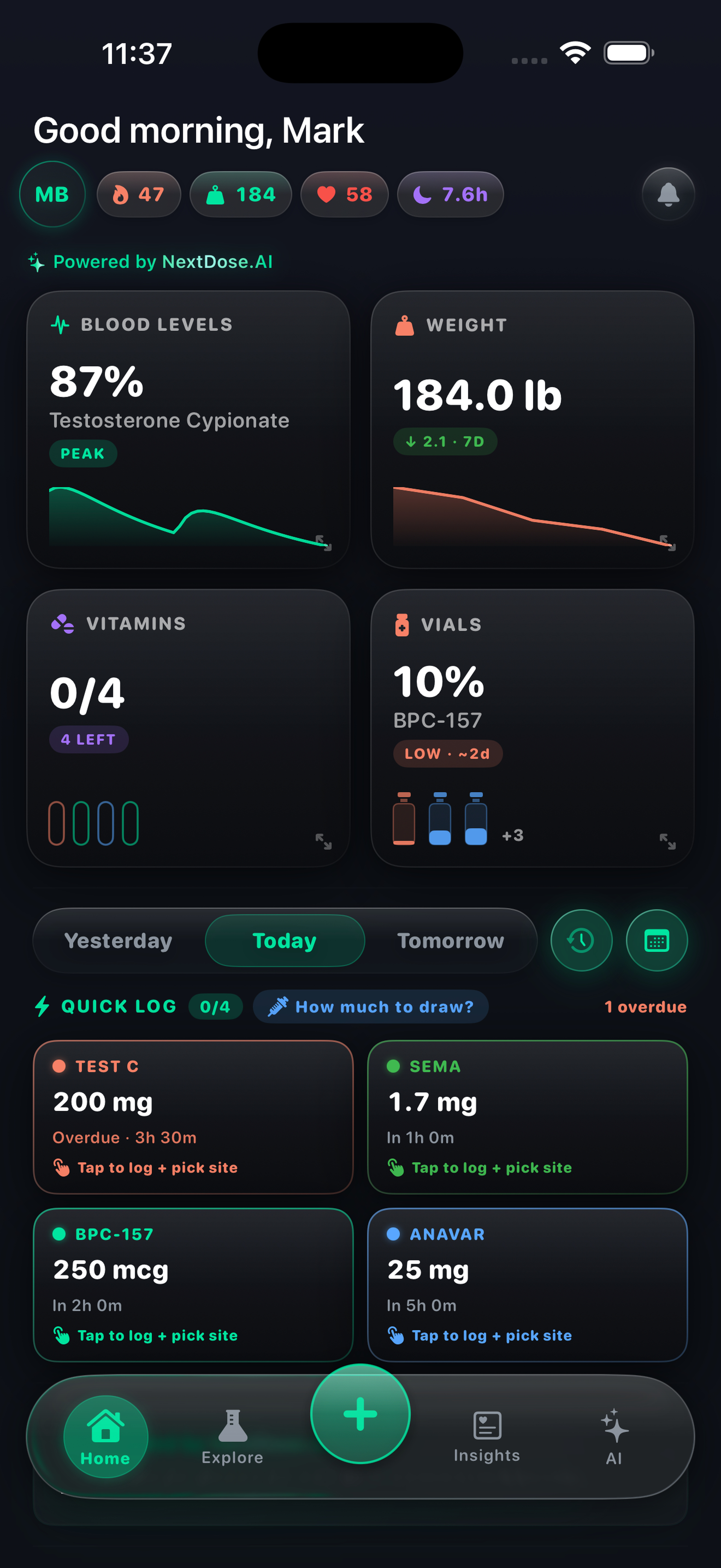 NextDose.AI home dashboard — blood levels at 87%, weight, vitals, quick log