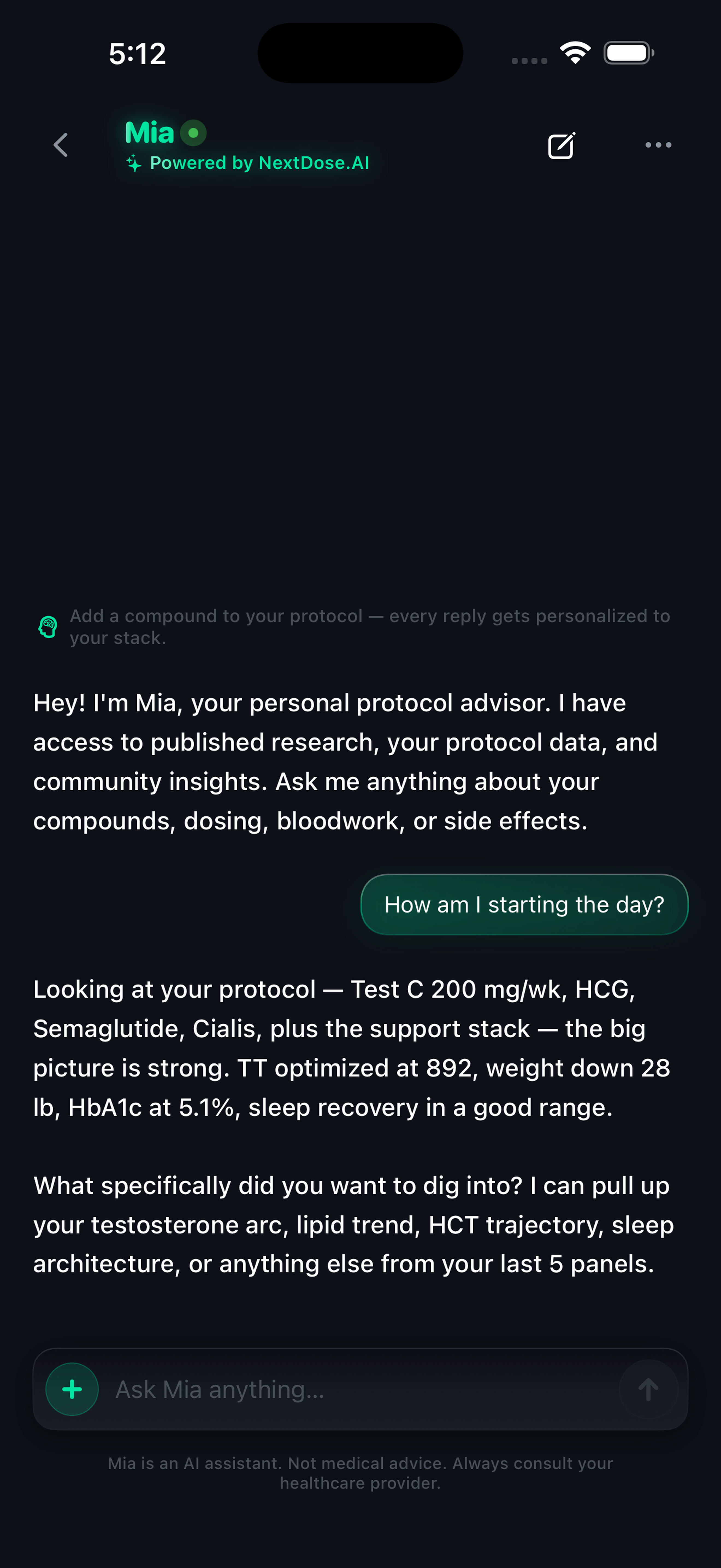 Mia AI chat — personalized protocol advisor