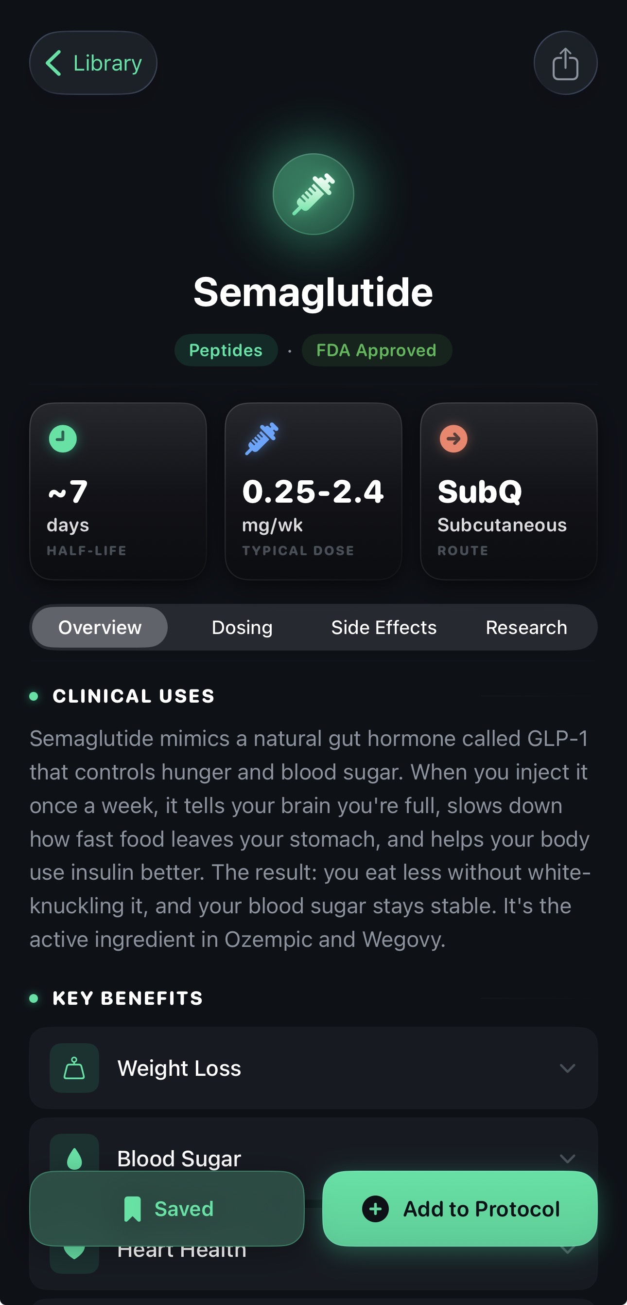 Semaglutide compound detail — FDA approved, ~7 day half-life, 0.25–2.4 mg/wk dosing range, SubQ route, clinical uses and key benefits